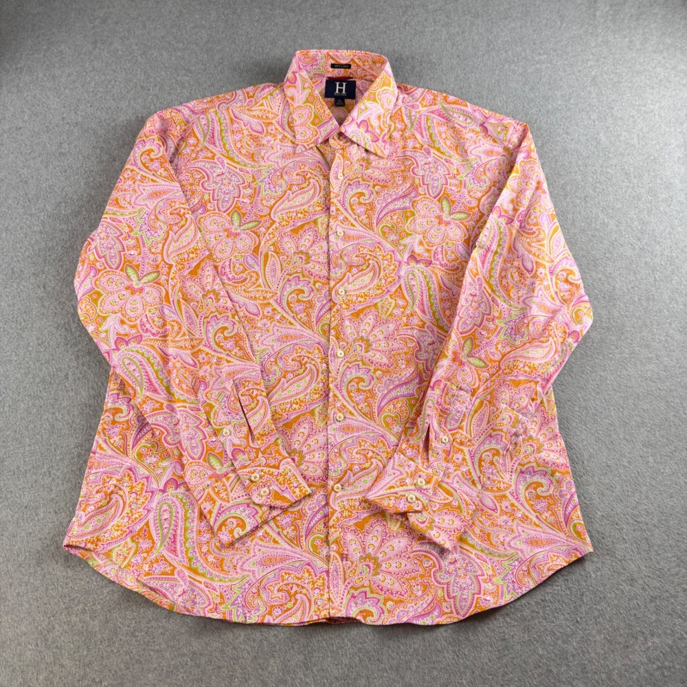 Vintage Tommy Hilfiger Y2K Mens XL Linen Paisley Button Down Shirt Orange Pink